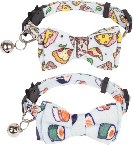 ADOGGYGO Cat Collar Breakaway with Cute Bow Tie Bell - 2 Pack Kitten Collar with Removable Bowtie Sushi Donuts Hamburg Pizza Pattern Cat Bow tie Collar for Cat Kitten (Pizza & Sushi) - Pizza & Sushi