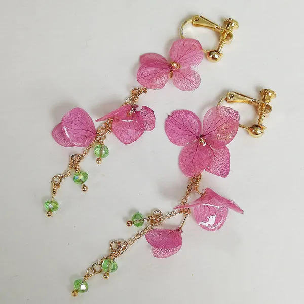 Eternal Hydrangea Petal Long Earrings Ear Clips, Handmade Real Hydrangea Eternal Flower Jewelry for Wedding, Pair hydrangeas earring