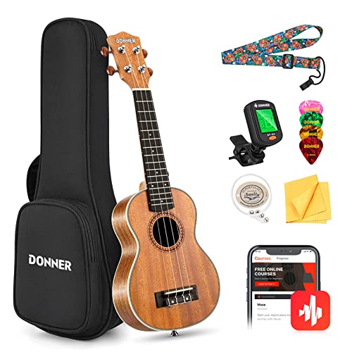 Donner Soprano Ukulele Mahogany Wood 21 inch Ukelele Beginner Kit with Free Online Lesson Gig Bag Strap Nylon String Tuner Picks Ukalalee Yukalalee Bundle Pack DUS-200 - Soprano - Brown