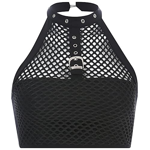 Dark Punk Crop Top with Chains Women Punk Off Shoulder Hollow Out Solid Backless Tops - Small - Halter Neck Crop