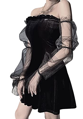 TSMNZMU Goth Lolita Black Empire-Waist Pleated Chic Dress Mesh Long Sleeve Cami Dresses - Small - Black Lolita Dress