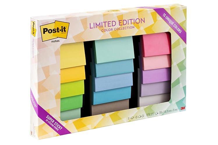 Post-it Super Sticky Notes, Limited Edition Color Collection, 3x3 in, 15 Pads/Pack, 45 Sheets/Pad - Notes