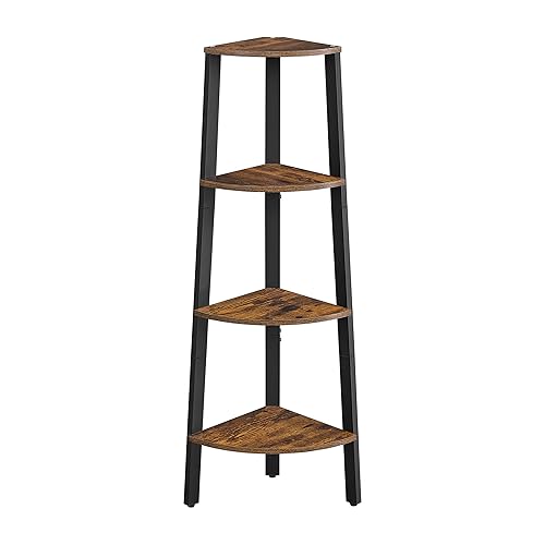 VASAGLE Corner Shelf, 4-Tier Corner Bookshelf, Storage Shelving Unit, Plant Stand for Living Room, Industrial Accent Furniture with Steel Frame, Rustic Brown and Black ULLS34X - Rustic Brown