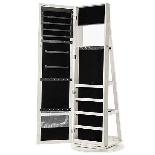 SONGMICS 360 Degree Swivel Jewelry Cabinet, High Full Length Mirror, Lockable Jewelry Armoire, with Built-in Small Mirror, Rear Storage Shelves, White UJJC62WT - White