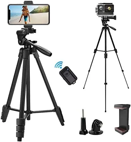 iPhone Tripod, EVERESTA Phone Tripod 54" Extendable Camera Tripod Stand with Bluetooth Remote and Cell Phone Mount Compatible with Mobile Phone/DSLR/Gopro - 