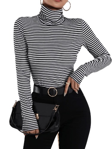 SweatyRocks Women's Striped Long Sleeve Shirt Basic Turtleneck Fitted Tee Shirts