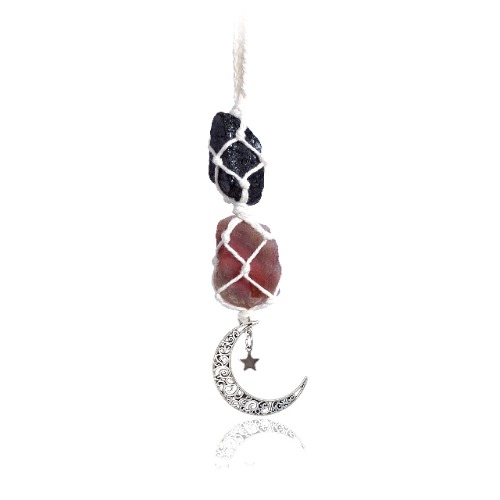BOHO GARDEN Hanging Car Charm - Black Tourmaline & Carnelian - Dangling Moon, Healing Crystal Accessories, Rearview Mirror Decorations - Grounding, Confidence, Protection, Transformation, Joy, Energy