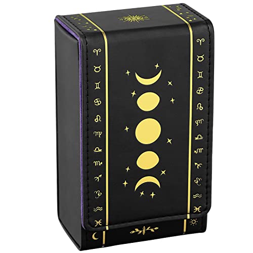 BWTY Best wishes to you Tarot cards holder, Leather Tarot Card Case/box, suitable for Standard size tarot cards (2.75in x 4.75in)-Moon Phase Design (Gold) - Gold