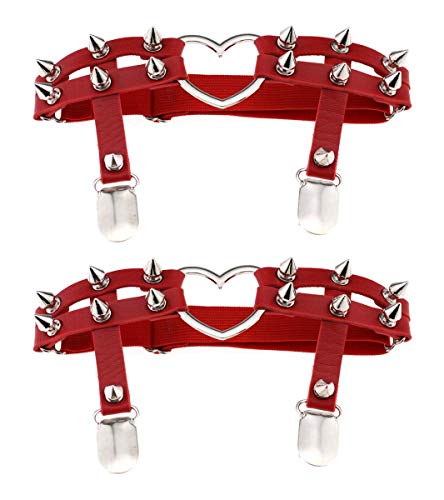 Women Girl Sexy Leather Heart Garters Punk Rock Rivet Stud Leg Ring 2pcs - One Size - Red