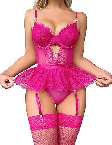 Alrovetoney Women Lingerie Set Naughty Lace Bodysuit High Waisted Underwire Lingerie Babydoll With Garter Belt and Stockings - X-Large - Rose Red