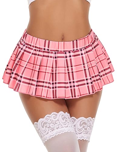 Avidlove Women Sexy Role Play Pleated Mini Skirt Ruffle Lingerie for Schoolgirl - X-Large - Pink Plaid