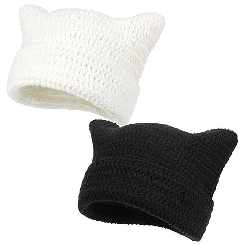 Women Beanie Warm Winter Hats, Soft Knit Lazy Beanie for Women, Women Cat Beanie，Women Fox hat, Slouchy Beanies for Women - One Size - Black & White