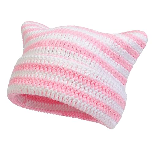 Women Beanie Warm Winter Hats, Soft Knit Lazy Beanie for Women, Women Cat Beanie，Women Fox hat, Slouchy Beanies for Women - One Size - White Pink