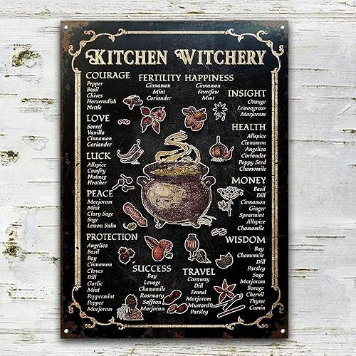 DZQUY Witch Kitchen Witchery Metal , Vintage Rust Styled House Decor Witches Magic Knowledge Blessing Incense Artwork Tin Signs For Bar, Black, 8 x 12 Inch