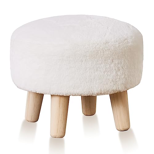 Cpintltr Round Footstool Ottoman Rabbit Wool Mushroom Stool Solid Wood Stool Small Upholstered Ottoman Shoe Changing Foot Stool Step Stool Sofa Footrest Stool for Living Room Bedroom Entrance White - White