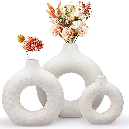 White Ceramic Vase, Modern Vase for Minimalist Decor, Hollow Round Matte Pampas Flower Vases for Boho Home Wedding Party Room Dinner Table Shelf Decor (2pcs) - Set of 3 Sizes - White