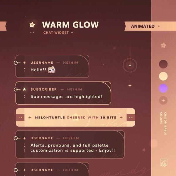 Warm Glow: Chat Widget • Minimal, Comfy, Starry Theme • Chat Box with Pronouns & Alerts for Twitch Streams (StreamElements)