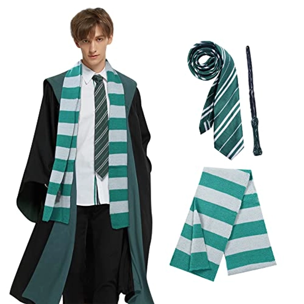 Ficlwigkis Magic Wizarding World Costume Robes,Halloween Costume Kids Adults Outfit 4 Pcs Black & Green Hooded