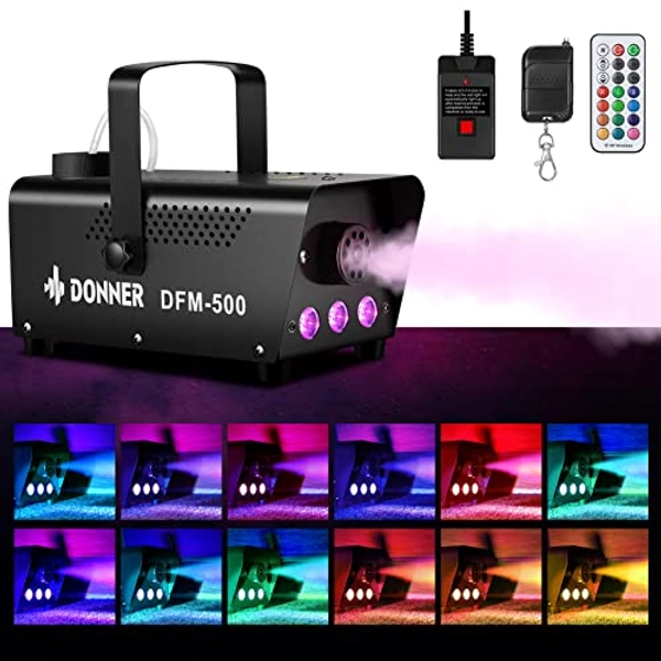 Donner DFM-500 500W Fog Machine with Controllable RGB LED Lights, DJ Smoke Machine with Wireless and Wired Remote Control, 13 Colors, for Thanksgiving Halloween Christmas Parties, with Fuse Protect