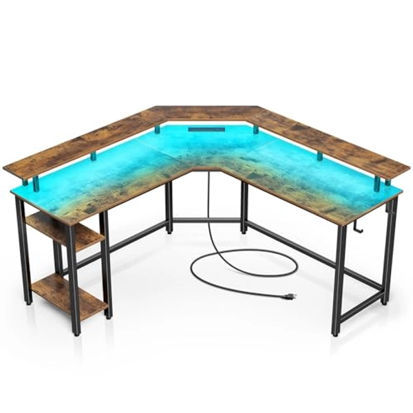 Rolanstar Computer Desk 56'' L Shaped with LED Strip & Power Outlets, Reversible L Shaped Gaming Desk with Monitor Stand, L Shaped Computer Corner Desk with USB Port&Hook,Home Office Desk,Rustic Brown