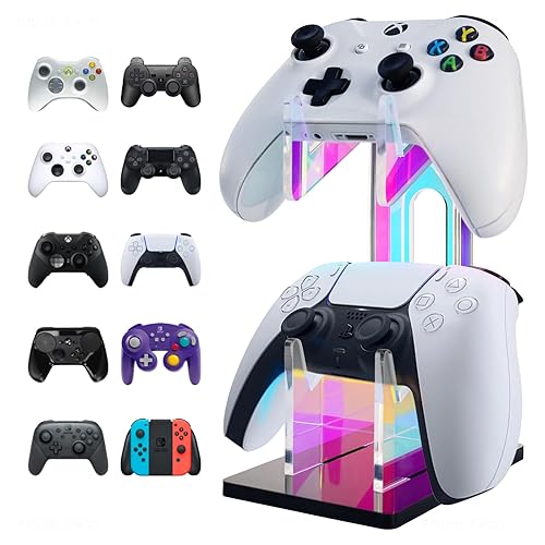 NiHome Iridescent Acrylic 2-Tier Universal Game Controller Headset Holder Stand for PS5 Xbox ONE Switch Colorful Controller Stand Gaming Accessories Anti-Slip Stable Acrylic Clear Headphone Holder - 2-tier