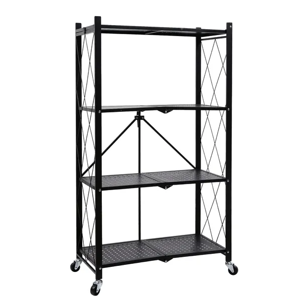HealSmart 4-Tier Heavy Duty Foldable Metal Rack Storage Shelving Unit with Wheels Moving Easily Organizer Shelves Great for Garage Kitchen Holds up to 1000 lbs Capacity, Black - 1-Pack 4-tier