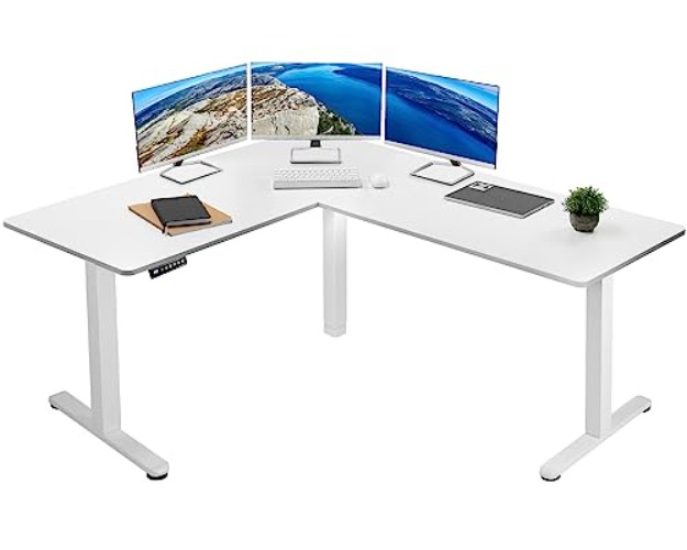 VIVO Electric Height Adjustable 63 x 55 inch Corner Stand Up Desk, White Table Top, White Frame, L-Shaped Standing Workstation, 3CT Series, DESK-E3CTW - 55 x 63 - White/White