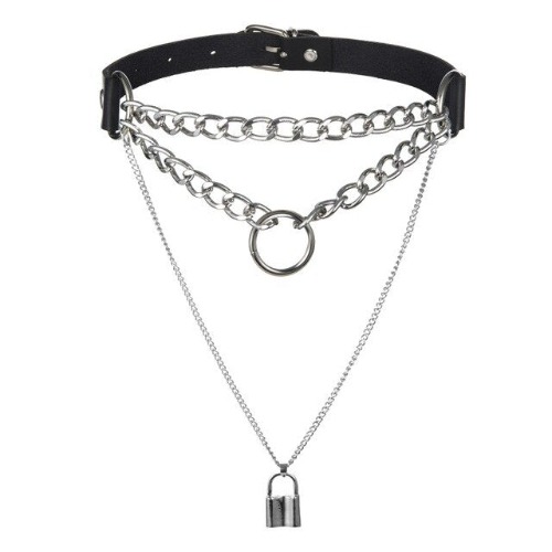 Confined' Faux Leather Padlock Chain Choker in Black