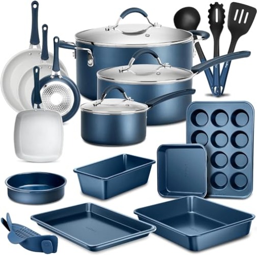 NutriChef Professional 20 Pc Kitchen Set in Navy Blue - Durable Non-Stick Pots and Pans with Bakeware Set, Compatible with Any Cooktop, Easy Clean, Cool-Touch Handles - Navy