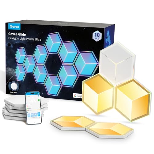 Govee Glide Hexagon Light Panels Ultra, 3D Wall Lights with DIY Program, 60 Scenes and 129 Lamp Beads, Ultra Gaming Light Surrounding Your Living Room Decor, Works with Alexa, 10 Pack Lunar White - Lunar White