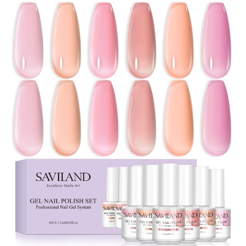 Saviland Jelly Gel Nail Polish, Sheer Milky Pink Nudes Jelly Transparent Gel Nail Polish Kit U V LED Gel Nail Gel Polish Varnish Nail Art DIY Salon 6Pcs 7.5ML / 0.25FL oz Gift Set - 