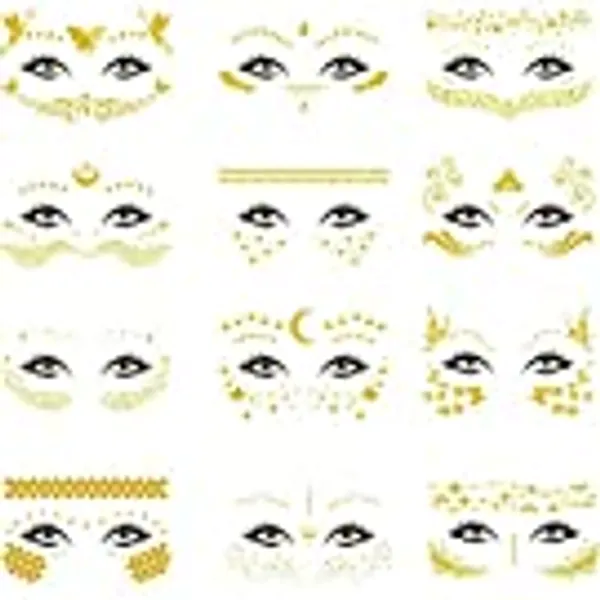 VIWIEU Temporary Face Tattoo Set for Women Girls, 12 Sheets Metallic Glitter Face Jewels Stickers for Adults Shiny Water Transfer Tattoos for Make up Rave Costume Party Musical Festivals