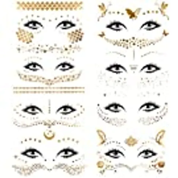 Konsait 8 Sheets Face Tattoo Sticker Metallic Temporary Transfer Tattoo Waterproof Face Jewels for Women Girls Make Up Dancer Costume Parties, Shimmer Glitter Gold Tattoos,Butterfly Star Freckle Scale