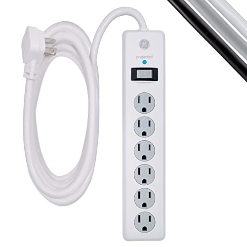 GE 6-Outlet Surge Protector, 10 Ft Extension Cord, Power Strip, 800 Joules, Flat Plug, Twist-to-Close Safety Covers, UL Listed, White, 14092 - White - 10 Ft - 1 Pack