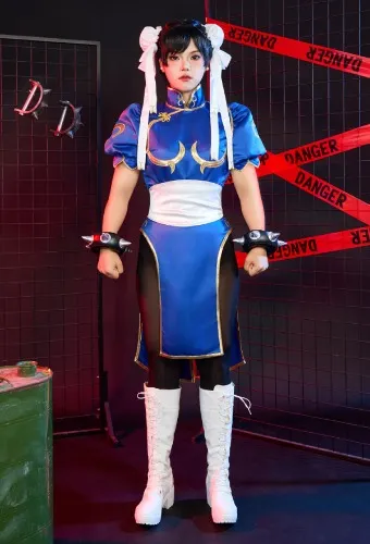 Street Fighter Classic Chun-Li Blue Cheongsam - Cosplay Outfits | Officially Licensed Street Fighter Chun-Li Cosplay Costume with Hair Accessories Halloween Costume in Stock
