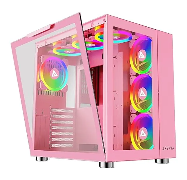 Apevia Prism-Elite-PK Prism Elite Mid Tower ATX Gaming PC Cube Case w/ 7X 120mm PWM ARGB Fans, 366 RGB Modes, Dual Tempered Glass Panels, 360mm Radiator Support, 2X USB3.0, 2X USB 2.0, Pink - PRISM ELITE PINK