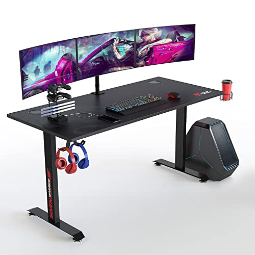 SEVEN WARRIOR Gaming Desk 60 INCH, T- Shaped Carbon Fiber Surface Computer Desk with Full Desk Mouse Pad, Ergonomic E-Sport Style Gamer Desk with Double Headphone Hook, USB Gaming Rack, Cup Holder - 60 INCH - Black