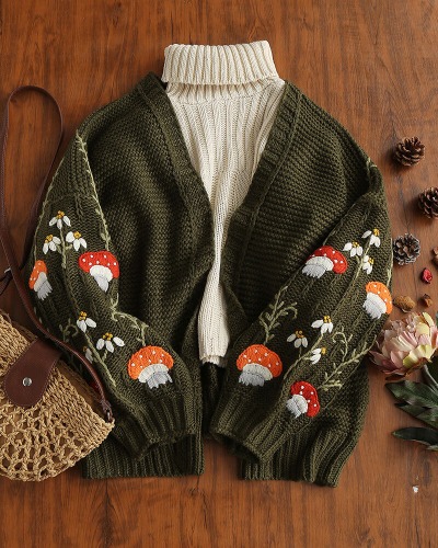 Mushroom & Flowers Hand Embroidered Cardigan 