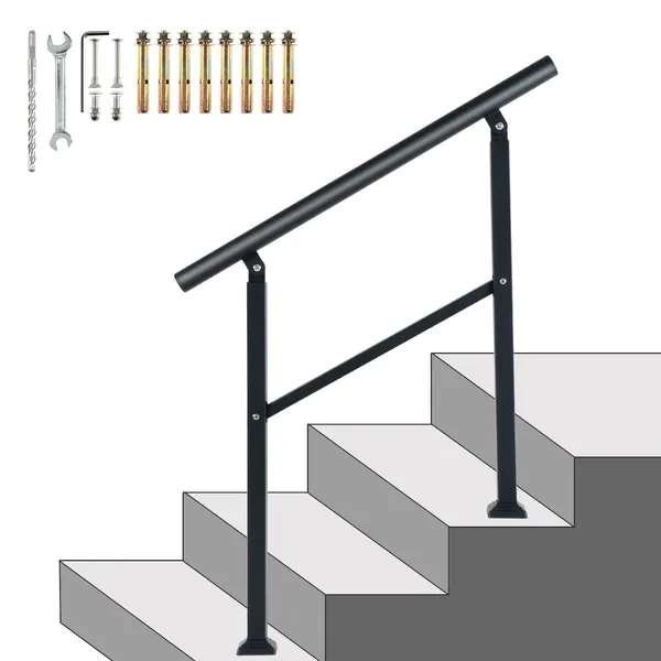 Outdoor Stair Railing, Handrail with Adjustable Angle- Zinc Steel 1 or 3 Step Front Porch Handrails- Metal Railing for Interior & Exterior Stairs- Black Safety Hand Railings for The Elderly