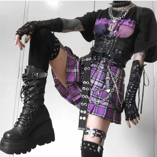 Purple Plaid Skirt - purple / L