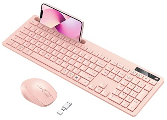 Wireless Keyboard and Mouse for MacBook, Vivefox Pink Wireless Keyboard with Phone Holder USB A & Type C Receiver Rose Gold Keyboard and Mouse for Windows, Mac, MacBook/Air/Pro Computer - A-Pink