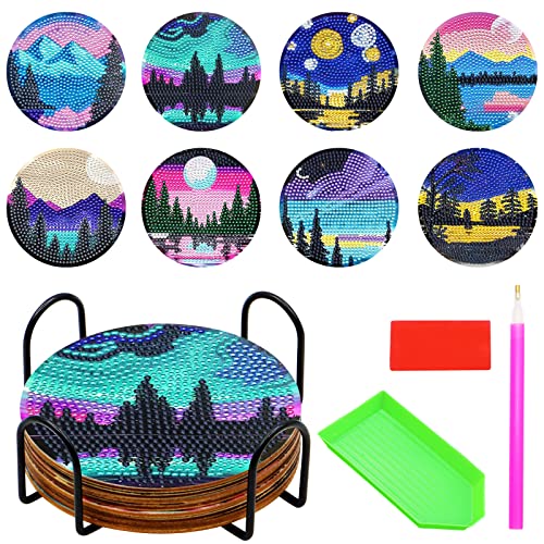 VEGCOO 8 Pcs Diamond Painting Coasters with Holder, DIY Cup Coasters Diamond Art Kits - Diamond Painting Kits for Adults Kids - Wooden Coasters for Car Home Office (Landscape) - Landscape