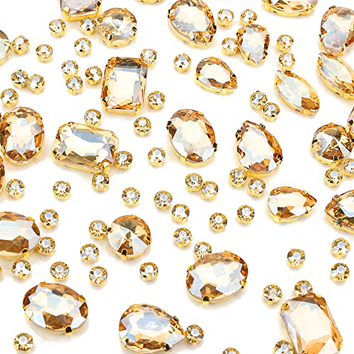 Champagne Sew On Rhinestones, Choupee Gold Prong Setting Rhinestone 130PCS Sewing Claw Rhinestone Mixed Shapes Sew On Glass Gems for Jewelry, Clothes, Costume, Shoes,Dress, Garments - Gold Setting - Champagne