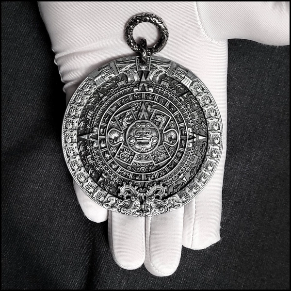 Huge 3&quot; 76mm Aztec Calendar Stone Medallion With 2 Spring Ring Connector - Gift Boxed with Story Card
