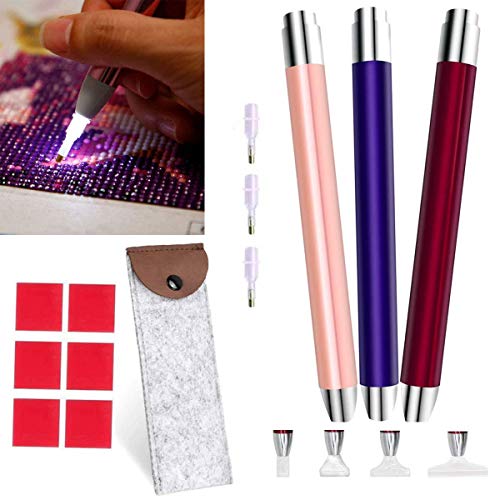 Diamond Painting pens with Light - 3PCS 5D Diamond Painting Tools Point Drill Pens -Lighting Diamond Painting Tools 4 Pen Heads, Storage Bag -for DIY Crafts Painting Accessories -for Nail Art DIY Decoration Sewing Cross Stitch Accessories