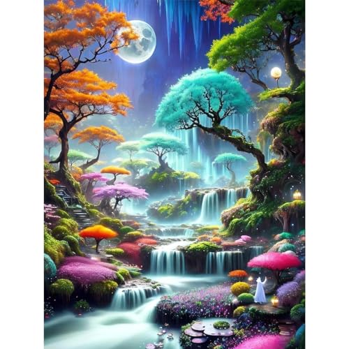 Diamond Painting Kits for Adults, Forest and Waterfall 5D Diamond Painting, DIY Moon Landscape Diamond Art Kits for Adults Home Wall Decor 12 x 16inch