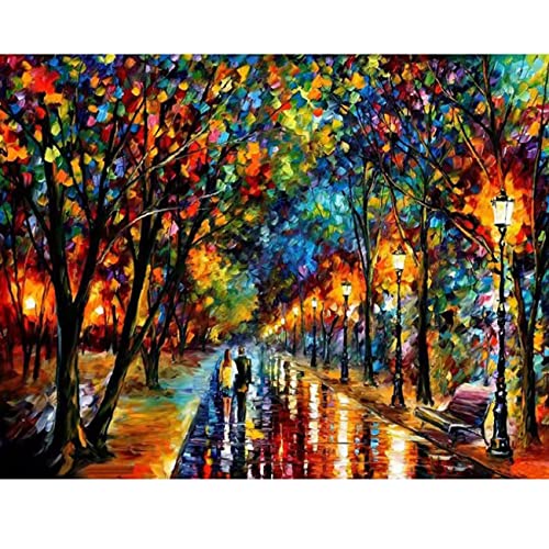 16x20" Diamond Art Kit for Adults, Street Light Landscape Diamond Painting Kits, Round Diamond Painting Craft for Wall Decor or Gift Giving - Autumn Night Scenery
