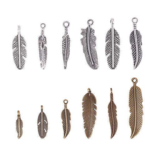 PH PandaHall 72pcs 12 Style Feather Pendants Charms Beads for DIY Dreamcatcher Necklace Bracelet Jewelry Making Antique Silver Bronze