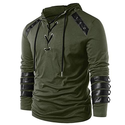 Men's Gothic Steampunk Shirts Lace Up Long Sleeve Hoodies Pullover Vintage Sweatshirt Medieval Classic Viking Tops - Large - Green