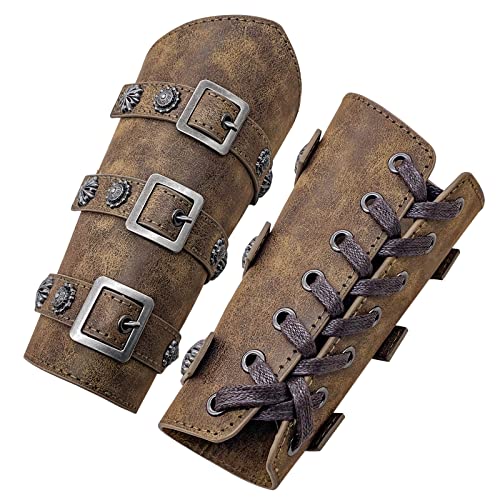 HiiFeuer Medieval PU Leather Buckle Arm Bracers, Knight LARP Retro Renaissance Arm Guards, One Size One Pair - Bronze